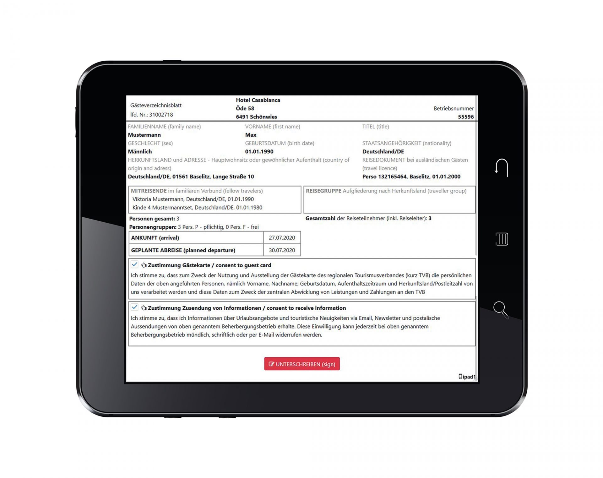 Meldezettel am Tablet